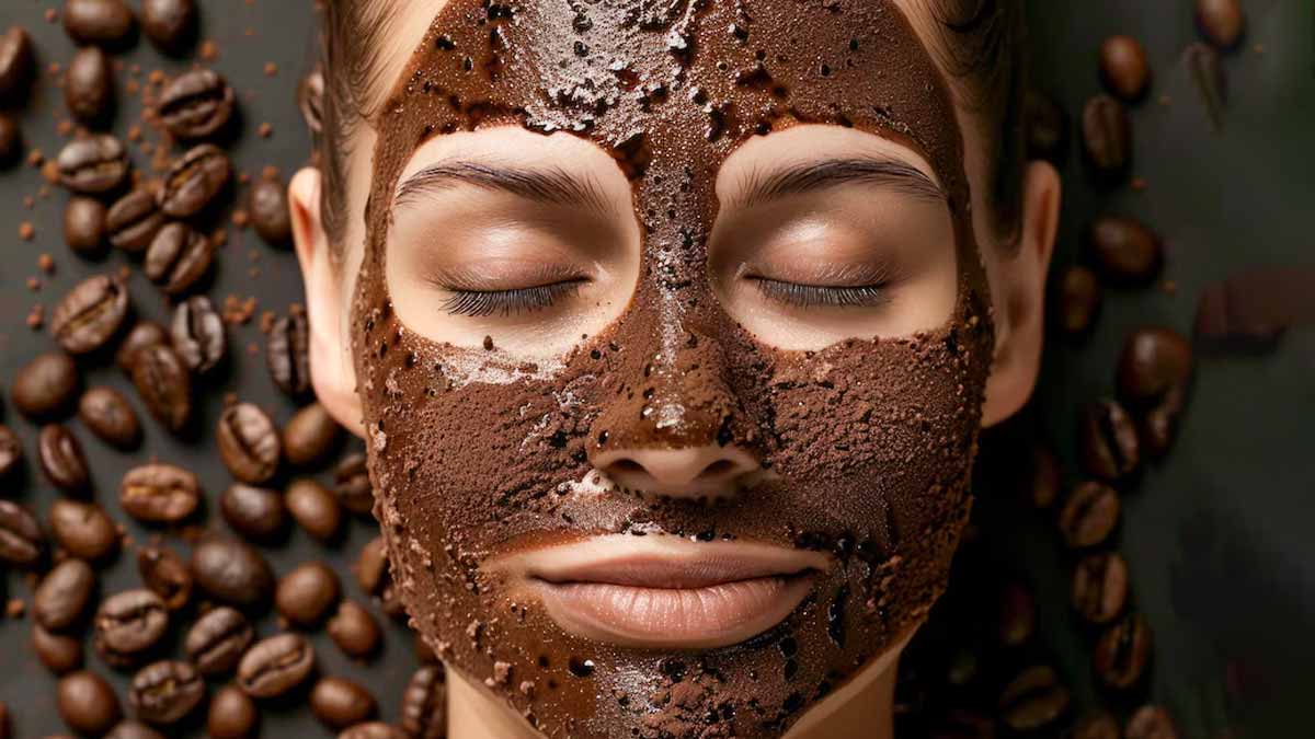 Yüzüne doğal kahve maskesi uygulamış, genç bir kadın